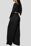 Black Casual Solid Bandage Patchwork Off the Shoulder Long Sleeve Two Pieces