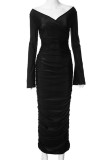 Zwarte elegante effen patchwork off-shoulder lange jurkjurken