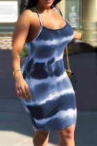 Синий сексуальный повседневный тай-дай лоскутное платье с открытой спиной на бретельках платья больших размеров