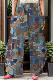 Kaki casual print patchwork zak, normale hoge taille, conventionele volledige printbroek