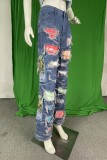 Blauwe casual patchwork rechte denim jeans met uitgeholde middentaille (afhankelijk van het werkelijke doel)