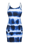 Blaues sexy lässiges Tie-Dye-Patchwork-rückenfreies Spaghettiträger-Sling-Kleid in Übergröße