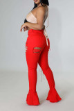 Rote Sexy Street Solid Ripped Patchwork Pocket Cross Straps Plus Size
