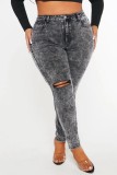Jeans Preto Cinza Casual Sólido Rasgado Plus Size