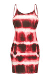 Rotes sexy lässiges Tie-Dye-Patchwork-rückenfreies Spaghettiträger-Sling-Kleid in Übergröße