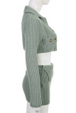 Зеленый сексуальный однотонный лоскутный карман с пуговицами, кардиган с воротником и длинным рукавом, две штуки