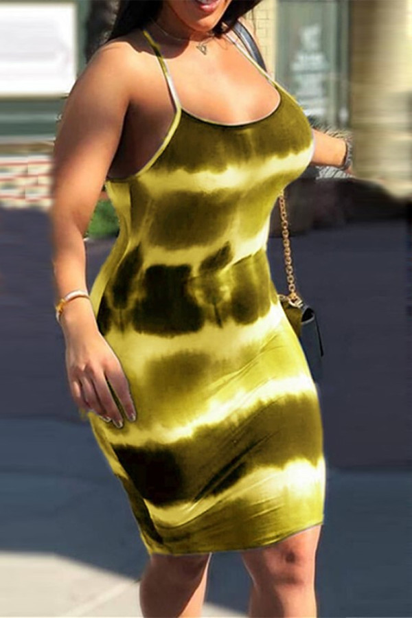 Vestido amarillo sexy informal con tirantes finos y espalda descubierta con retazos y tirantes finos vestidos de talla grande