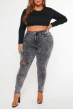 Black Gray Casual Solid Ripped Plus Size Jeans