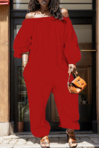 Rote, lässige, einfarbige, schulterfreie Basic-Jumpsuits in normaler Passform
