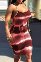 Vestido rojo sexy informal con estampado de teñido anudado y espalda descubierta con tirantes finos y tirantes, vestidos de talla grande