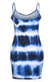 Blaues sexy lässiges Tie-Dye-Patchwork-rückenfreies Spaghettiträger-Sling-Kleid in Übergröße