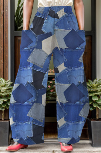Blauw Casual print Patchwork Zak Normale hoge taille Conventionele broek met volledige print