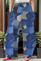 Blaue, lässig bedruckte Patchwork-Tasche mit normaler hoher Taille und herkömmlichem Volldruck