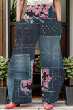 Kaki casual print patchwork zak, normale hoge taille, conventionele volledige printbroek