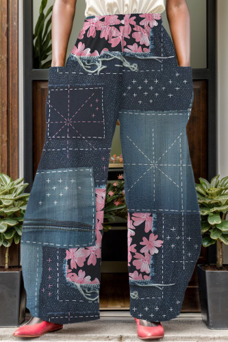Tasca patchwork con stampa casual a colori, vita alta, pantaloni convenzionali con stampa completa