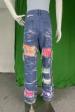 Jeans in denim dritto a vita media con patchwork casual blu (soggetto all'oggetto reale)