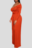 Tangerine Red Casual Solid Bandage Patchwork Off the Shoulder Long Sleeve Two Pieces