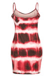 Vestido rojo sexy informal con estampado de teñido anudado y espalda descubierta con tirantes finos y tirantes, vestidos de talla grande