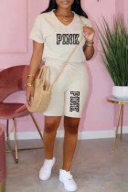 Apricot Casual Print Letter V Neck Short Sleeve Two Pieces