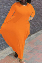 Оранжевые модные повседневные однотонные лоскутные базовые платья больших размеров с круглым вырезом и длинными рукавами