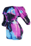 Blue Purple Casual Print Patchwork Off the Shoulder Skinny Rompers