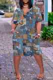 Vestido de manga corta con cuello en O básico con estampado informal multicolor