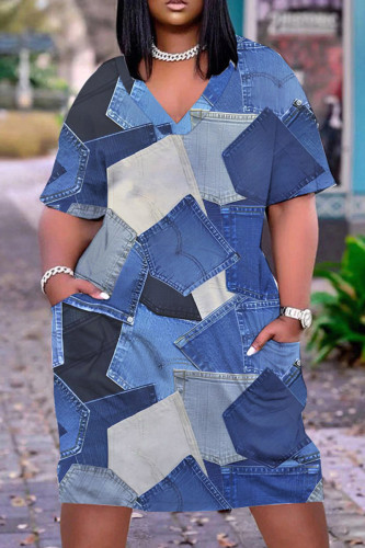 Blue Casual Print Basic O Neck Short Sleeve Dress