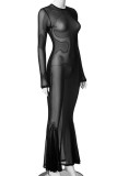 Черные сексуальные однотонные лоскутные длинные платья с круглым вырезом