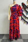 Tangerine Röd Casual Sweet Street Daily Elegant blandat tryck Utskrift en axel asymmetriska klänningar