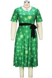 Patchwork imprimé élégant vert avec nœud col rond une ligne robes de grande taille