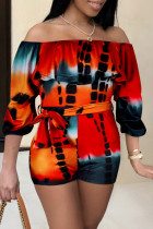 Red Orange Casual Print Patchwork Off the Shoulder Skinny Rompers