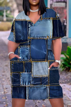 Donkerblauwe casual print basic jurk met ronde hals en korte mouwen
