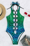Turquoise Sportswear Gradual Change Patchwork Cross Straps Swimwears(With Paddings)