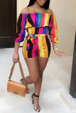 Rainbow Color Casual Print Patchwork Off the Shoulder Skinny Rompers
