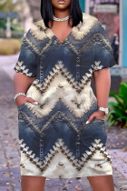 Abrikoos casual print basic jurk met ronde hals en korte mouwen