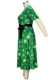 Green Elegant Print Patchwork With Bow O Neck A Line Plus Size Dresses