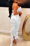 ホワイト エレガント ソリッド パッチワーク ストリング セルビッジ ストラップレス ストラップレス ドレス ドレス