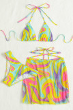Цветная сексуальная спортивная одежда с цветными блоками в стиле пэчворк, наборы из 3 предметов с перекрестными ремнями (с подкладками)