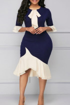 ディープブルーのエレガントな包帯パッチワークOネック不規則なドレスプラスサイズのドレス