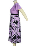 Violet élégant imprimé patchwork fermeture éclair col en V une ligne robes de grande taille