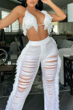 White Sexy Solid Bandage Backless Sleeveless Two Pieces Halter Bra Top Knitted Tassel Beach Set