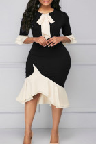 Zwarte elegante bandage patchwork O-hals onregelmatige jurk Plus size jurken