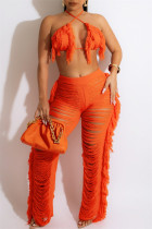 Orange Sexy Solid Bandage Backless Sleeveless Two Pieces Halter Bra Top Knitted Tassel Beach Set
