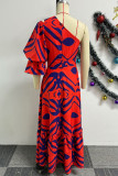Mandarijn Rood Casual Zoet Straat Dagelijks Elegant Gemengd drukwerk Asymmetrische jurken met één schouder