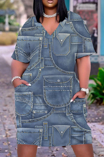 Gray Blue Casual Print Basic O Neck Short Sleeve Dress
