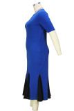 Blaue elegante ausgehöhlte Patchwork-Reißverschluss-O-Ausschnitt-Trompeten-Meerjungfrau-Kleider in Übergröße