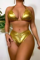 Gold Sexy Solid Bandage Backless Swimwears (With Paddings)