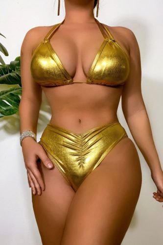 Trajes de banho dourados sexy com bandagem sólida sem costas (com enchimentos)