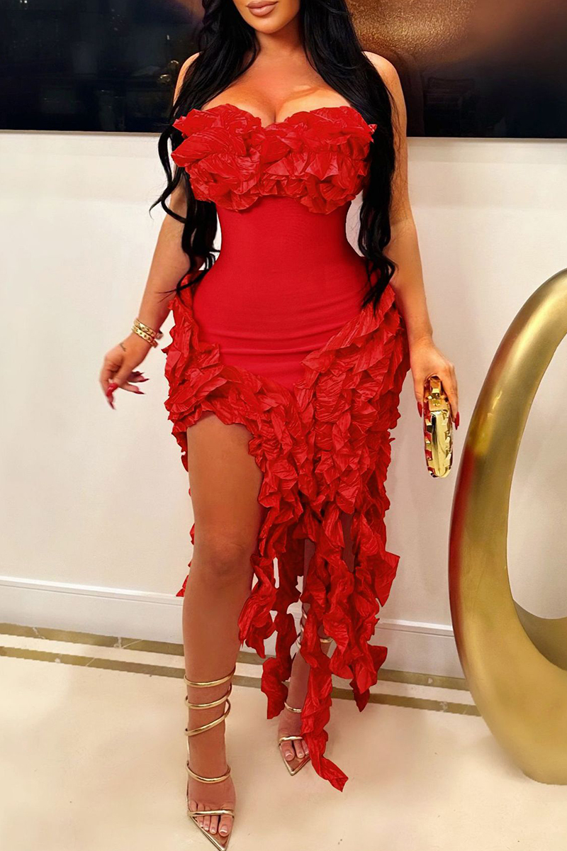 Red Abstract Print Strapless Dress