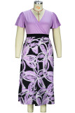 Purple Elegant Print Patchwork Zipper V Neck A Line Plus Size Dresses